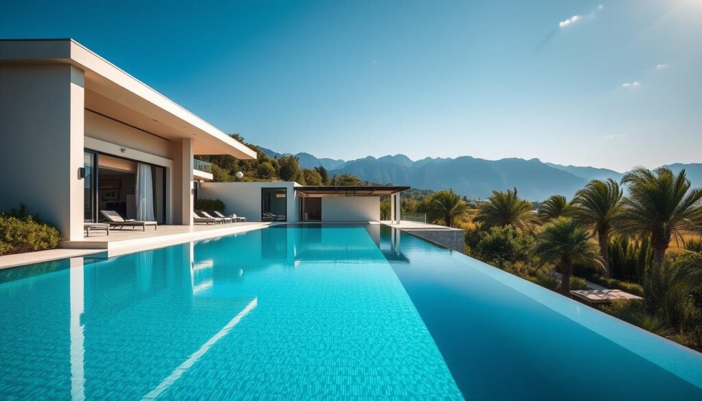 A picturesque Antalya villa nestled amidst lush Mediterranean landscapes, its sleek modern design seamlessly blending with the surrounding natural beauty. In the foreground, a pristine infinity pool reflects the azure sky and verdant gardens. The villa's clean lines, large windows, and minimalist aesthetic create an atmosphere of understated elegance. Soft natural lighting filters through the space, highlighting the high-end materials and finishes. In the middle ground, a covered terrace offers shaded lounging areas, perfect for enjoying the temperate climate. The background showcases the rugged Taurus Mountains, their majestic peaks providing a dramatic backdrop to this idyllic villa retreat.