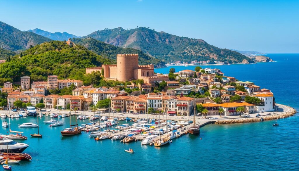 A picturesque Mediterranean coastal town nestled between the Taurus Mountains and the sparkling azure waters of the Alanya Bay. In the foreground, a bustling harbor filled with traditional wooden boats and lively fishing activity. The middle ground showcases the iconic Alanya Castle, its reddish-brown walls and towers standing tall against a backdrop of lush, verdant hills. Cascading down the slopes are the charming, whitewashed buildings of the old town, their terracotta roofs and bougainvillea-draped balconies bathed in warm, golden sunlight. In the distance, the deep blue of the Mediterranean Sea stretches out to the horizon, punctuated by the occasional sail or seabird. The overall scene exudes a sense of tranquility, history, and the perfect blend of Mediterranean climate and coastal living.