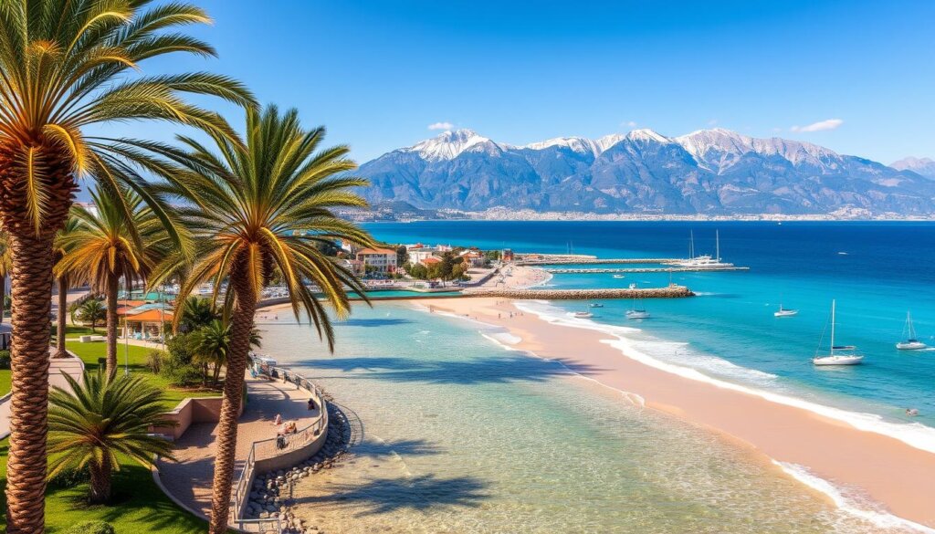 A picturesque Mediterranean coastline with lush palm trees swaying in the gentle breeze, crystal-clear turquoise waters lapping against the golden sandy beaches of Mersin, Turkey. In the background, the majestic Taurus Mountains rise, their snow-capped peaks reflecting the warm glow of the setting sun. Charming seaside promenades, bustling marinas, and quaint fishing villages dot the landscape, offering a perfect blend of natural beauty and vibrant local culture. The image captures the unparalleled location advantages of Mersin, making it an idyllic destination for those seeking a tranquil yet lively coastal retreat.