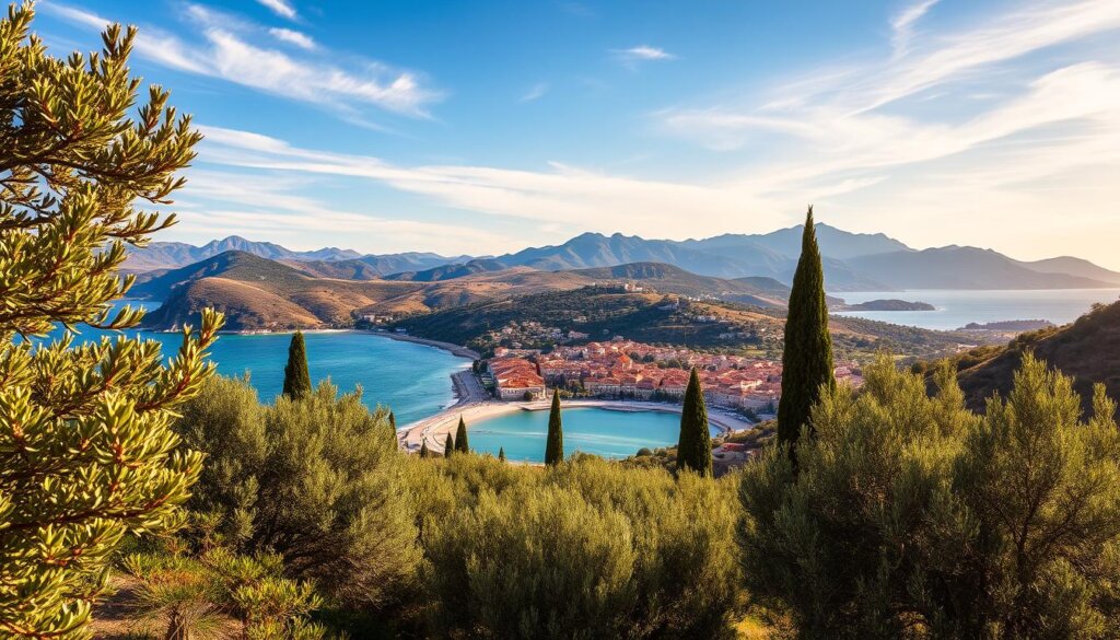 A picturesque Mediterranean landscape, bathed in warm sunlight. In the foreground, lush olive groves and cypress trees sway gently in the breeze. The middle ground reveals a quaint coastal town, its terracotta-roofed buildings cascading down toward a sparkling turquoise sea. In the distance, rugged mountains rise, their peaks shrouded in wispy clouds. The scene exudes a sense of tranquility and timelessness, capturing the essence of Mersin's real estate landscape - a harmonious blend of natural beauty, historical charm, and a mild, temperate climate that attracts both residents and investors alike.