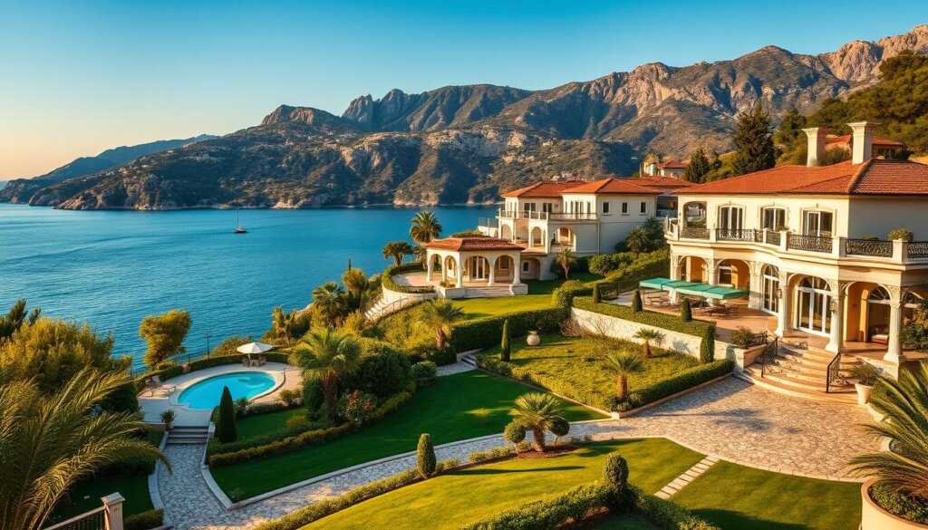 A picturesque Mediterranean setting with luxurious villas nestled amidst lush greenery, overlooking the turquoise waters of the Aegean Sea in Fethiye. The villas feature elegant architectural designs, complemented by private pools, terraces, and panoramic views. Warm sunlight filters through the scene, casting a golden glow and creating a serene, sophisticated ambiance. In the foreground, manicured gardens and cobblestone pathways lead to the grand entrances of the villas, inviting a life of opulence and tranquility. The middle ground showcases the villas' stunning facades, with intricate details and modern amenities. In the background, the rugged Taurus Mountains provide a dramatic backdrop, adding to the sense of exclusivity and natural beauty.