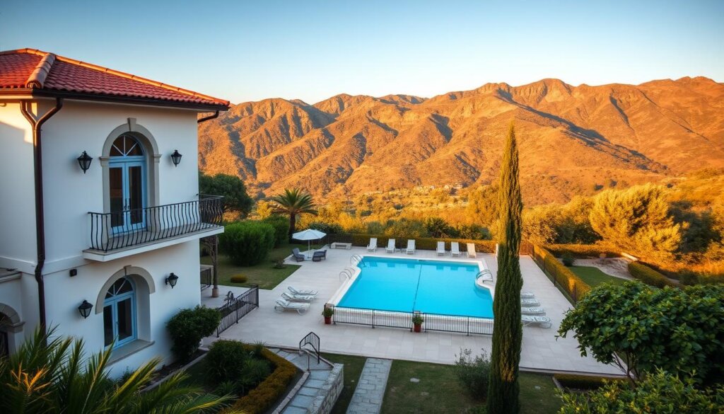 A picturesque Mediterranean-style villa nestled in the lush hills of Antalya, Turkey. The foreground features a charming white-washed facade with terracotta roofing tiles, intricate arched windows, and a wrought-iron balcony overlooking a tranquil garden. In the middle ground, a pristine swimming pool reflects the warm, golden sunlight, surrounded by lush, manicured landscaping. The background showcases the dramatic mountainous terrain and a clear, azure sky, creating a serene, idyllic atmosphere. The lighting is soft and natural, casting gentle shadows and highlights across the scene. The overall composition evokes a sense of luxurious, yet peaceful, Mediterranean living.