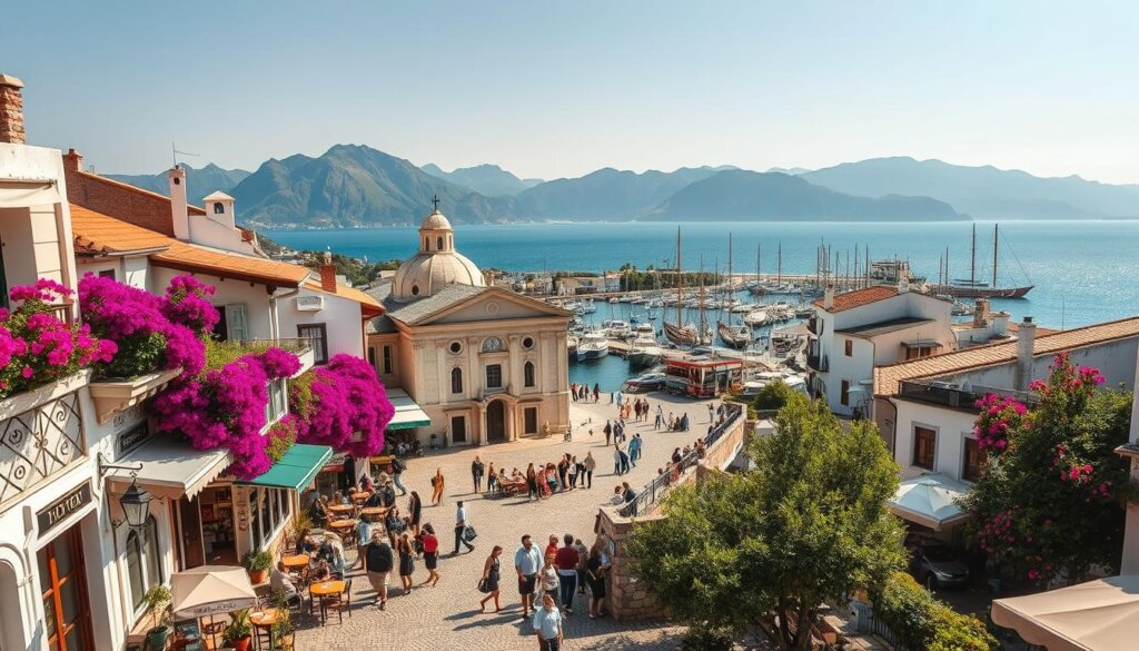 A picturesque Mediterranean town nestled along Turkey's Turquoise Coast, Kas features charming cobblestone streets, whitewashed buildings, and vibrant bougainvillea cascading from balconies. In the foreground, a bustling central square is filled with locals and tourists dining at quaint cafes, browsing artisanal shops, and mingling around a grand Byzantine-era church. In the middle ground, the town's historic harbor is dotted with traditional wooden fishing boats and yachts, while the backdrop showcases the dramatic Taurus Mountains rising up from the shimmering azure sea. The scene is bathed in warm, golden Mediterranean light, casting a serene, timeless atmosphere over the town. A wide-angle lens captures the full scope of this charming, postcard-worthy coastal gem.
