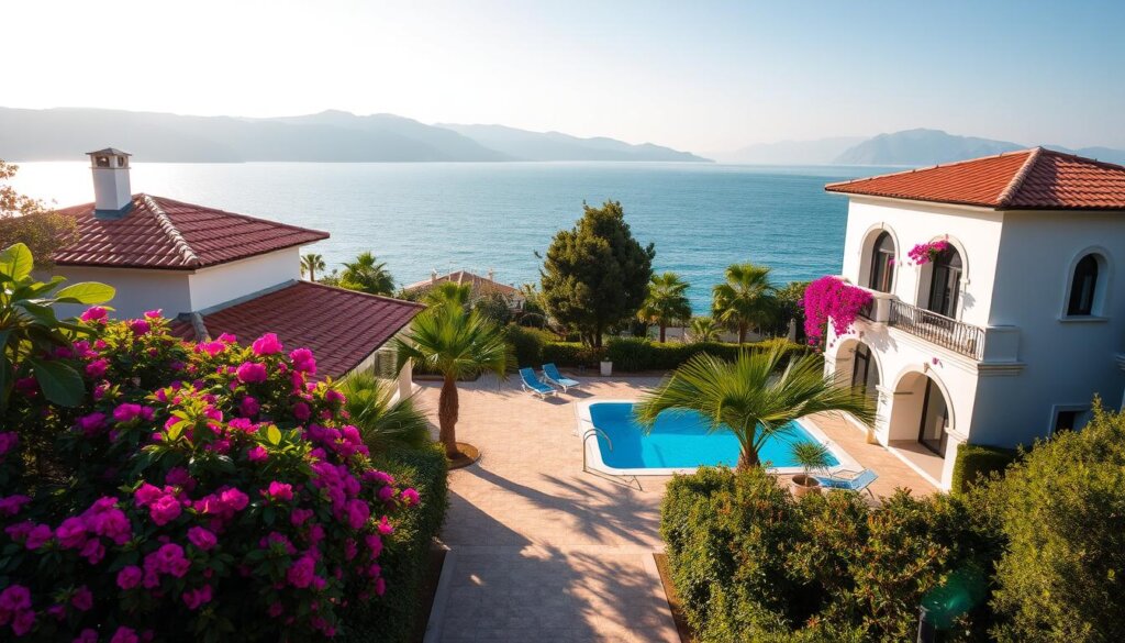 A picturesque Mediterranean villa nestled amidst lush greenery, overlooking the shimmering azure waters of the Antalya coastline. The elegant, two-story structure with its terracotta-tiled roof and whitewashed walls is surrounded by vibrant bougainvillea and palm trees, casting soft shadows on the paved pathway leading to the private pool. Warm sunlight filters through the arched windows, illuminating the spacious, open-plan interior with its high ceilings and modern amenities. The villa's prime location provides unobstructed views of the serene Taurus Mountains in the distance, creating a tranquil, postcard-worthy scene that embodies the allure of Antalya's premier residential areas.