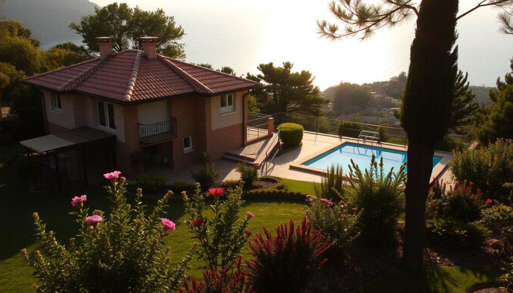 A picturesque Mediterranean villa nestled amidst lush greenery, with a terracotta-tiled roof and a spacious balcony overlooking the shimmering Alanya coastline. In the foreground, a meticulously manicured garden with vibrant flowers and a inviting swimming pool. The warm, golden afternoon sunlight casts a soft glow, creating a serene and welcoming atmosphere. The villa's elegant yet affordable design seamlessly blends with the surrounding natural beauty, offering an exceptional value-for-money proposition for the discerning home buyer.