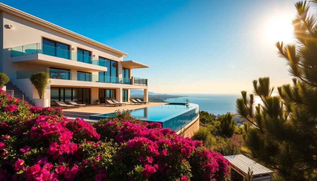 A picturesque Mediterranean villa with an infinity pool overlooking the azure waters of the Alanya coastline. The sun casts a warm, golden glow across the luxury villa's sleek, modern architecture, accentuating its clean lines and elegant terraces. In the foreground, a well-manicured garden with vibrant bougainvillea cascades down the hillside, leading the eye towards the shimmering sea in the distance. A serene, contemplative atmosphere pervades the scene, inviting the viewer to imagine the potential investment opportunity and passive income from renting out this stunning Alanya property.