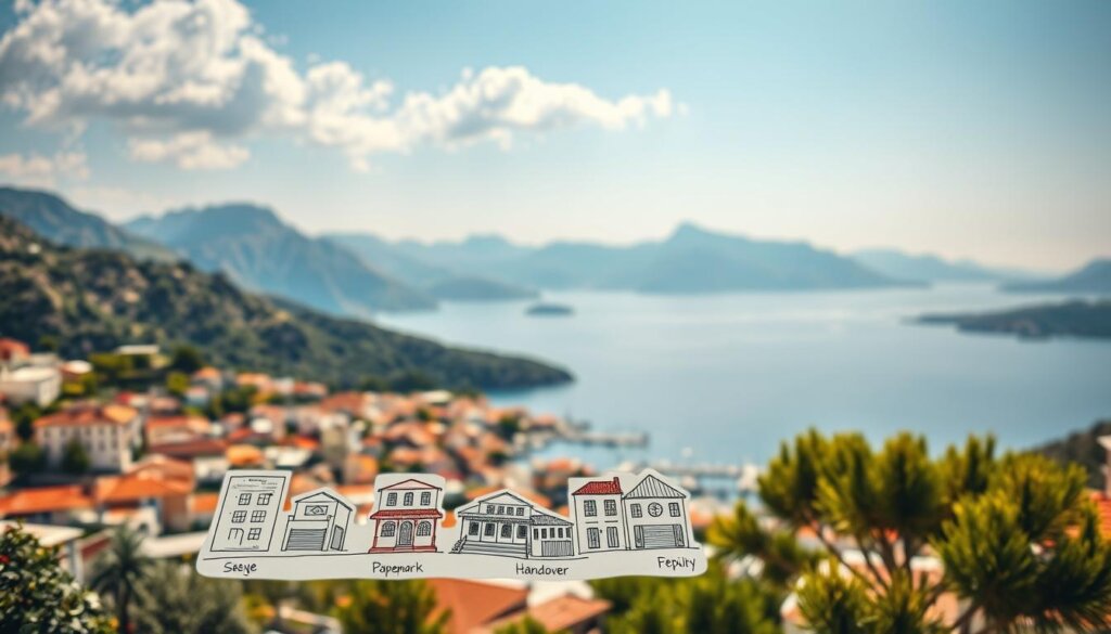 A picturesque Mediterranean vista unfolds, showcasing the charming coastal town of Fethiye. In the foreground, a series of well-crafted architectural sketches depict the step-by-step process of property purchase, from paperwork to handover. Vibrant colors and intricate details bring the purchasing journey to life. Sunlight filters through the scene, casting warm, golden hues that evoke a sense of tranquility and possibility. In the background, the stunning Aegean Sea and rugged mountains provide a breathtaking backdrop, hinting at the allure of Fethiye's real estate market. The composition strikes a balance between the practical steps and the captivating natural beauty that draw buyers to this enchanting region.