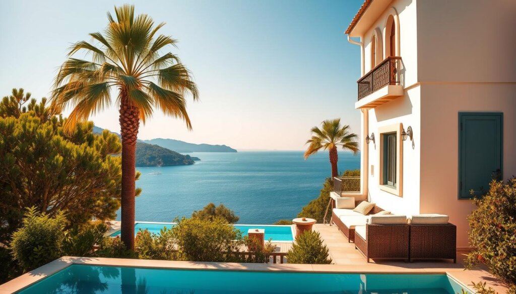 A picturesque Turkish coastal villa overlooking a tranquil Mediterranean bay, surrounded by lush, verdant foliage. The warm, golden sunlight casts a soft, inviting glow across the whitewashed exterior, accentuating the traditional architectural details. In the foreground, a private pool reflects the cloudless azure sky, while in the middle ground, a terrace with plush outdoor furniture offers a perfect vantage point to admire the stunning sea view. Towering palm trees sway gently in the light breeze, adding to the serene, relaxing atmosphere. The image conveys the quintessential charm and luxury of a Turkish holiday home, ideal for those seeking a peaceful, sun-drenched getaway.