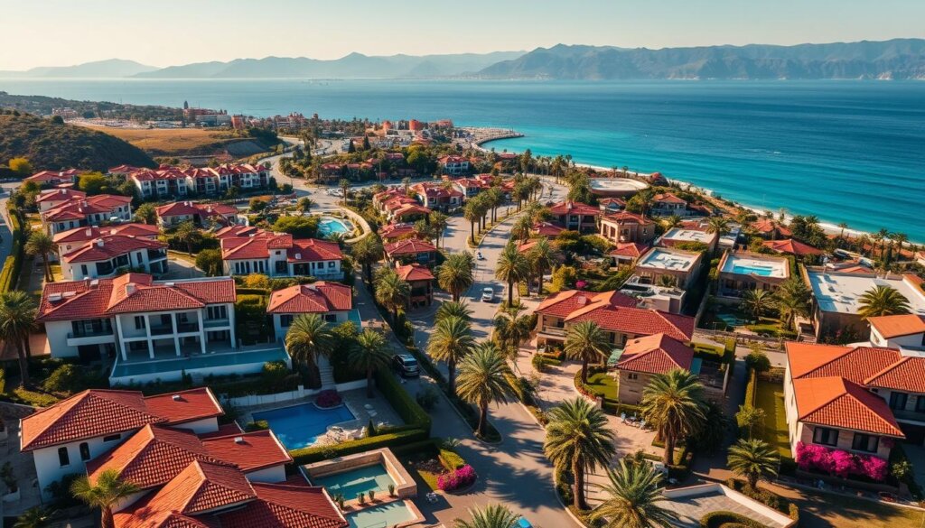 A picturesque aerial view of the trendy residential areas of Antalya, Turkey. In the foreground, modern, Mediterranean-style villas with red tile roofs, lush landscaping, and sparkling pools dot the gently rolling hills. In the middle ground, winding streets lined with palm trees and vibrant bougainvillea lead to upscale shopping districts and bustling cafes. The background features the stunning turquoise waters of the Mediterranean Sea, framed by the majestic Taurus Mountains. The scene is bathed in warm, golden sunlight, capturing the laid-back, luxurious atmosphere of Antalya's premier neighborhoods like Konyaaltı, Lara, and Belek.