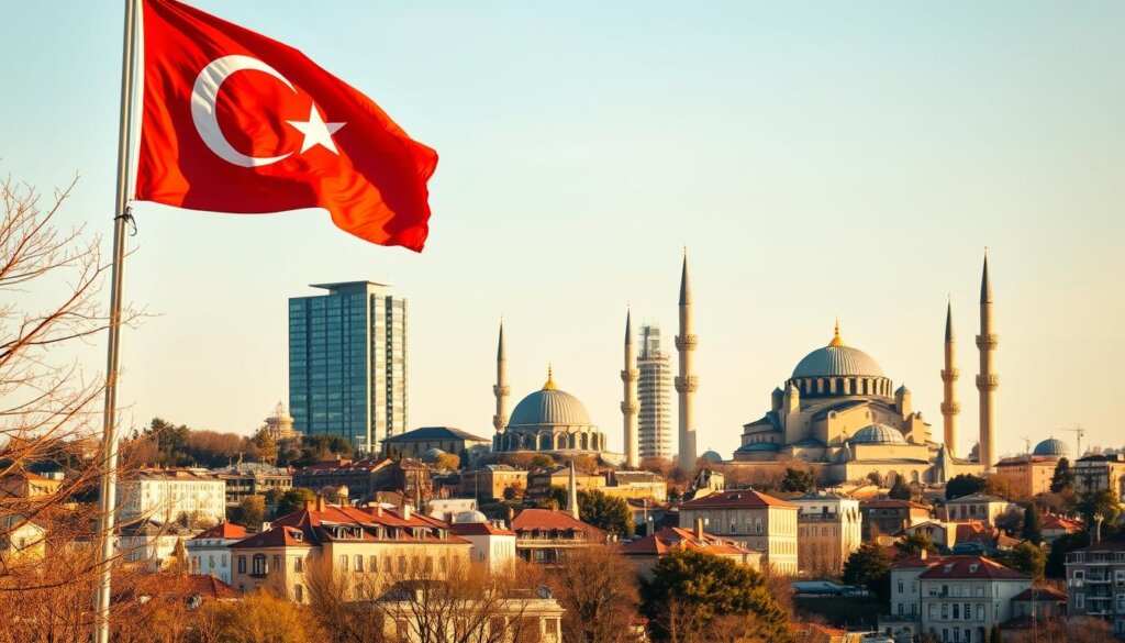 A picturesque cityscape of Istanbul, Turkey, with the iconic Hagia Sophia and Blue Mosque in the background, bathed in warm, golden afternoon sunlight. In the foreground, a welcoming Turkish flag proudly waves, symbolizing the advantages of Turkish citizenship. The middle ground features a modern high-rise building, representing the thriving real estate market and economic opportunities available to Turkish citizens. The scene exudes a sense of prosperity, stability, and cultural richness, inviting the viewer to explore the benefits of investing in Turkish property.
