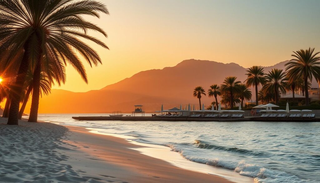 A picturesque coastal landscape in Belek, Turkey, captured under a warm, golden sunset. In the foreground, a tranquil beach with gently lapping waves and soft, powdery sand. In the middle ground, lush palm trees sway in the gentle breeze, framing the view. In the background, the majestic Taurus Mountains rise, their peaks bathed in the warm glow of the setting sun. The scene exudes a sense of serenity and natural beauty, showcasing the prime location advantages of Belek - its stunning seaside setting, idyllic climate, and proximity to the breathtaking mountain range. The image is rendered with a high level of detail, using a wide-angle lens to capture the expansive and captivating vista.
