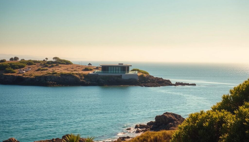 A picturesque coastal landscape, with a seaside property nestled in the distance. The sun casts a warm glow over the tranquil waters, gently lapping against the sandy shore. In the foreground, lush vegetation and rocky outcroppings create a sense of depth and natural beauty. The middle ground features a modern, sleek architectural design, with clean lines and expansive windows offering breathtaking views of the sea. The background is dominated by a hazy, dreamy horizon, where the ocean blends seamlessly with the sky, creating a serene and inviting atmosphere. The scene is captured through a medium-wide angle lens, providing a balanced and harmonious composition that reflects the factors influencing property prices in the Mersin region.