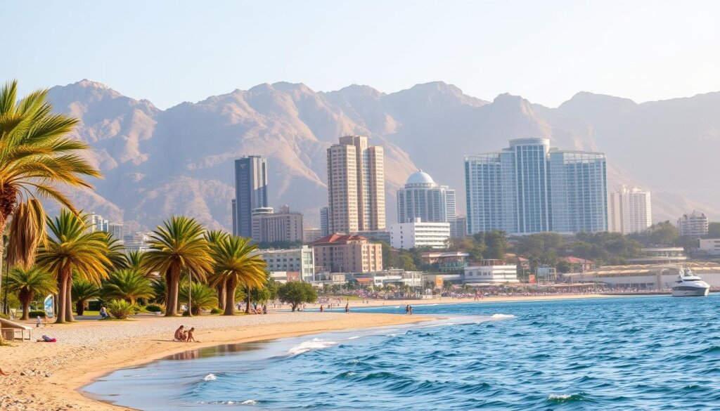 A picturesque coastal scene depicting the contrasting lifestyles of Konyaaltı and Lara in Antalya. In the foreground, a tranquil beach in Konyaaltı with swaying palm trees and families enjoying the serene waters. In the middle ground, the iconic high-rise buildings and luxurious resorts of Lara's vibrant beachfront. The background features the majestic Taurus Mountains, bathed in warm, golden sunlight. The composition captures the essence of these two distinct coastal destinations, inviting the viewer to explore their unique charm and appeal.