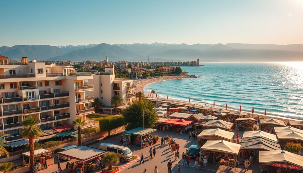 A picturesque coastal town in Mersin, Turkey, with vibrant seaside properties. A sun-drenched beachfront apartment complex, its balconies overlooking the shimmering turquoise waters of the Mediterranean. Nearby, a bustling marketplace filled with local vendors, their stalls bursting with fresh produce and handcrafted goods. In the distance, the majestic Taurus Mountains provide a stunning natural backdrop, their peaks capped with snow. The scene is bathed in warm, golden light, capturing the essence of Mersin's ideal location and the potential value of its real estate investments.