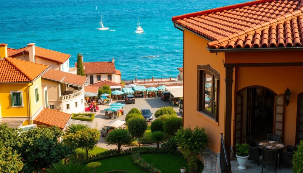 A picturesque coastal town in Side, Turkey, with vibrant architecture, lush greenery, and sparkling waters. In the foreground, a charming villa with a terracotta-tiled roof and a well-manicured garden. Tasteful Mediterranean-style decor adorns the interior, conveying a sense of luxury and comfort. In the middle ground, a bustling market square with local vendors selling fresh produce and handcrafted goods, showcasing the vibrant community. In the background, the stunning turquoise waters of the Mediterranean Sea, with sailboats gently drifting across the horizon. The scene is bathed in warm, golden light, creating a tranquil and inviting atmosphere that captures the essence of affordable yet high-quality property in Side, Turkey.