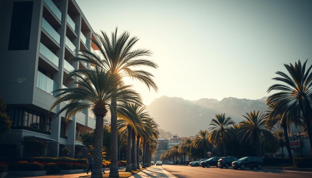 A picturesque coastal town in Turkey, Alanya boasts a vibrant real estate market with potential tax exemptions. In the foreground, a modern apartment complex with sleek, angular architecture stands proudly, its facade reflecting the warm Mediterranean sunlight. Middle-ground features lush palm trees swaying gently, their fronds casting intricate shadows on the ground. In the background, the stunning Taurus Mountains rise majestically, their peaks capped with a dusting of snow. The scene conveys a sense of tranquility and affluence, inviting the viewer to imagine the potential tax benefits of property ownership in this idyllic location. Soft, diffused lighting creates a dreamlike atmosphere, evoking the appeal of Alanya's real estate market.