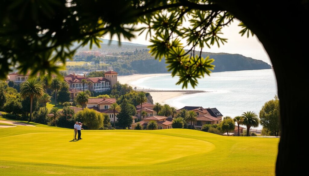 A picturesque coastal town nestled along the shores of the Mediterranean, Belek's lush greenery and pristine beaches create a serene, idyllic setting. In the foreground, a group of golfers tee off on a perfectly manicured course, surrounded by swaying palms and the distant sound of gentle waves. The middle ground reveals sun-dappled villas and luxury resorts, their elegant architecture complementing the natural landscape. In the background, rugged cliffs and a sparkling azure sea stretch towards the horizon, bathed in warm, golden light. This harmonious blend of golf, coastal living, and natural beauty captures the essence of Belek's allure as a premier destination for discerning homebuyers seeking a tranquil, yet active, lifestyle.