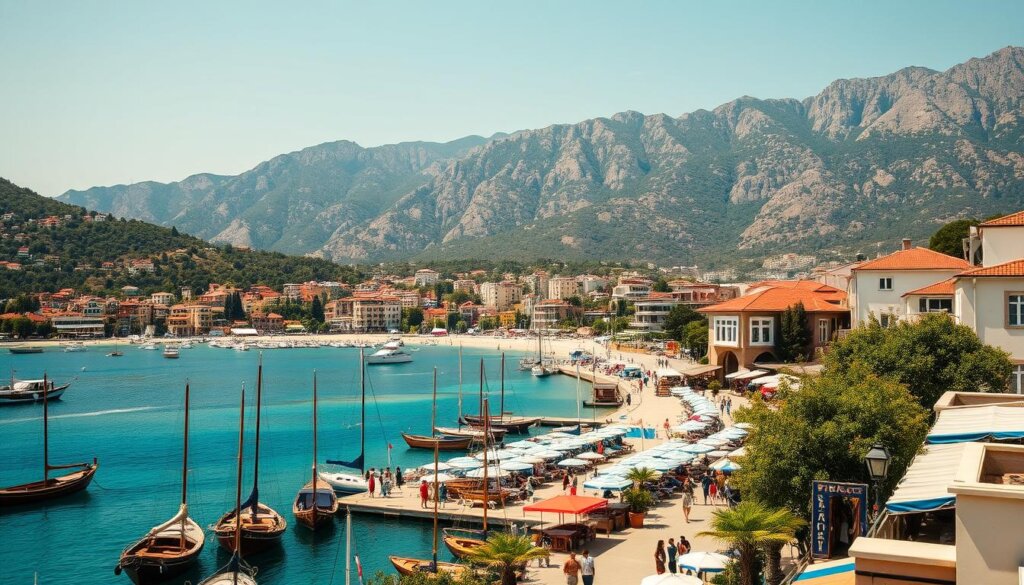 A picturesque coastal town nestled in the Taurus Mountains, Fethiye location highlights a stunning blend of natural beauty and cultural richness. In the foreground, a bustling harbor dotted with traditional wooden boats and vibrant market stalls, showcasing the local produce and handicrafts. The middle ground reveals sun-drenched beaches and crystal-clear turquoise waters, inviting visitors to bask in the Mediterranean sun. Further back, the rugged, pine-forested hillsides rise majestically, offering panoramic vistas of the town and the surrounding Aegean landscape. Warm, golden lighting filters through the air, creating a serene and inviting atmosphere that captures the essence of Fethiye's allure. The scene is framed by a classic Mediterranean architectural style, with whitewashed buildings and terracotta roofs, blending seamlessly with the natural environment.