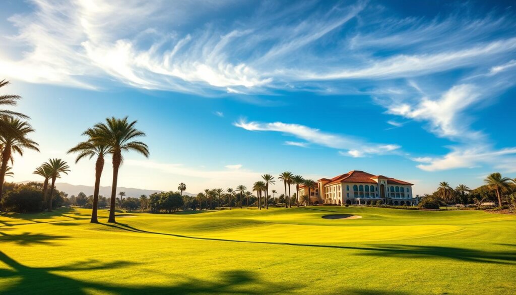 A picturesque golf course nestled in the lush landscapes of Belek, Turkey. In the foreground, the manicured fairway winds through a tapestry of vibrant green grass, dotted with meticulously placed sand traps. Towering palm trees sway gently in the warm Mediterranean breeze, creating dappled shadows that dance across the scene. In the distance, the opulent clubhouse stands tall, its elegant architecture a testament to the exclusivity and prestige of this premier golfing destination. The sky is a brilliant azure, with wispy clouds drifting lazily overhead, casting a serene, golden glow over the entire tableau. The overall atmosphere exudes a sense of tranquility and luxury, capturing the essence of the prime real estate that surrounds this world-class golf course.