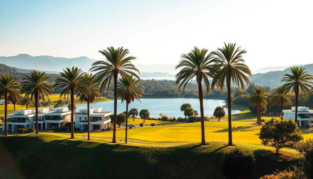 A picturesque golf course nestled in the lush, verdant landscape of Belek, Turkey. In the foreground, a cluster of modern, well-appointed investment properties stand poised, their sleek architectural lines and vibrant colors reflecting the natural beauty that surrounds them. Towering palm trees sway gently in the warm Mediterranean breeze, casting soft, dappled shadows across the meticulously manicured fairways. The middle ground features a serene, sparkling lake, its calm waters mirroring the sky above. In the distance, the silhouettes of rolling hills and mountains create a tranquil, idyllic backdrop, hinting at the endless opportunities for outdoor recreation and relaxation that this prime location offers. The lighting is soft and golden, evoking a sense of warmth and prosperity, perfectly suited for showcasing these desirable investment properties.