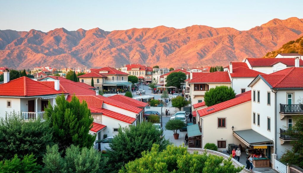A picturesque landscape of Fethiye, Turkey, showcasing the local property tax policies. In the foreground, a charming row of traditional Turkish homes with terracotta roofs and whitewashed walls, nestled among lush greenery. In the middle ground, a bustling street scene with locals going about their daily lives, surrounded by vibrant shops and cafes. In the background, the majestic Taurus Mountains rise, casting a warm, golden glow over the scene. The image is captured with a wide-angle lens, emphasizing the sense of place and the interplay between the built and natural environments. The lighting is soft and diffused, creating a serene, inviting atmosphere that reflects the local tax policies governing this peaceful, historic town.
