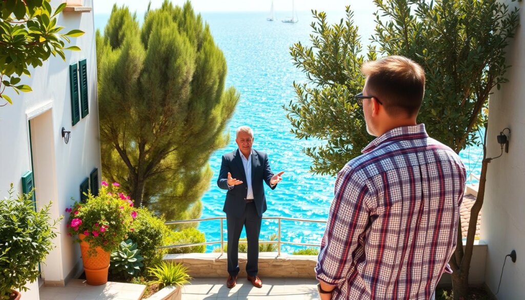A picturesque seaside town in Kas, Turkey, where a prospective foreign buyer stands admiring a charming Mediterranean-style apartment. Sunlight filters through the lush greenery, casting a warm glow on the pristine white facade. In the middle ground, a real estate agent gestures animatedly, outlining the purchase process. The background reveals the sparkling azure waters of the Aegean Sea, with sailboats dotting the horizon. The scene captures the tranquility and allure of investing in a Kas property, inviting the viewer to imagine themselves embarking on this exciting journey.