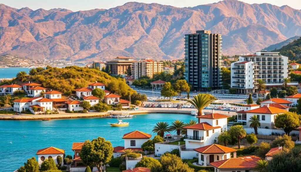 A picturesque seaside town nestled along the turquoise waters of the Mediterranean, Fethiye's vibrant real estate scene reflects its alluring blend of traditional Turkish charm and modern coastal living. In the foreground, charming whitewashed villas with terracotta roofs and lush gardens dot the rolling hills, while in the middle ground, sleek high-rise condominiums with expansive balconies and panoramic sea views overlook the bustling town center. The background is dominated by the dramatic Taurus Mountains, casting a warm, golden glow over the entire scene. The lighting is soft and diffused, evoking a sense of tranquility and relaxation. The overall mood is one of serene Mediterranean elegance, perfectly capturing the essence of Fethiye's desirable real estate market.