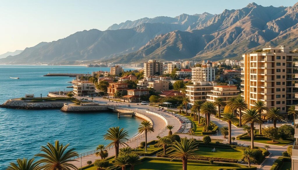 A picturesque seaside town with modern high-rise apartments and villas overlooking the sparkling turquoise waters of the Mediterranean Sea. The foreground features well-manicured gardens and a promenade lined with palm trees, while the middle ground showcases a variety of residential properties in warm, earthy tones. In the background, the dramatic Taurus Mountains rise up, creating a stunning natural backdrop. The scene is bathed in soft, golden afternoon light, casting long shadows and giving the image a serene, tranquil atmosphere. The composition captures the ideal balance of modern living and natural beauty that characterizes the desirable Alanya districts.