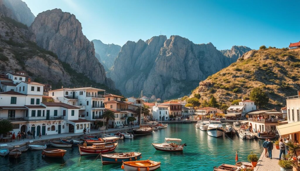 A picturesque seaside village nestled along the rugged coastline of Fethiye, Turkey in the year 2025. Warm Mediterranean sunlight bathes the charming whitewashed buildings and cobblestone streets. In the foreground, a tranquil harbor dotted with traditional wooden boats bobs gently on the crystal-clear turquoise waters. Towering limestone cliffs rise dramatically in the background, casting soft shadows across the scene. The air is filled with the salty aroma of the sea and the lively chatter of local residents and prospective property investors exploring the burgeoning real estate opportunities. A sense of timeless beauty and untapped potential permeates the idyllic coastal setting.