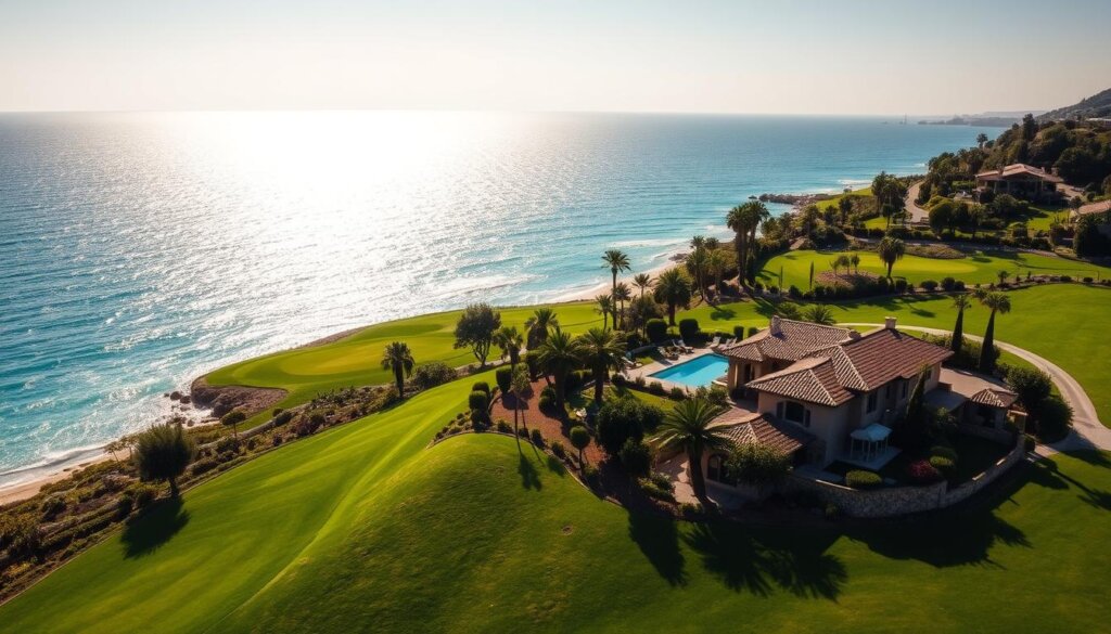 A picturesque villa nestled amidst lush green fairways, with the sparkling azure waters of the Mediterranean Sea glistening in the distance. The sun's golden rays cast a warm, inviting glow over the scene, as gentle ocean breezes caress the palm trees swaying in the background. The villa's Tuscan-inspired architecture blends seamlessly with the natural landscape, creating a harmonious and serene environment that beckons for leisurely days spent by the pool or strolling along the nearby white-sand beaches. Capture the essence of prime villa living in Belek, where golf enthusiasts and beachgoers alike can indulge in the ultimate luxury lifestyle.