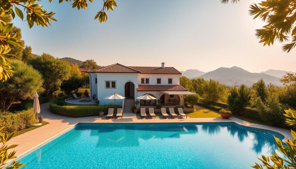 A picturesque villa nestled amidst lush greenery, surrounded by a serene private pool. The foreground features a sparkling azure pool, with sun loungers and parasols inviting relaxation. The middle ground showcases the villa's elegant Mediterranean architecture, with whitewashed walls, terracotta roof tiles, and arched doorways. In the background, rolling hills and distant mountains create a stunning natural backdrop. Warm, golden sunlight filters through, casting a soft, inviting glow across the scene. The atmosphere exudes tranquility and luxury, perfectly capturing the essence of a Fethiye villa rental experience.