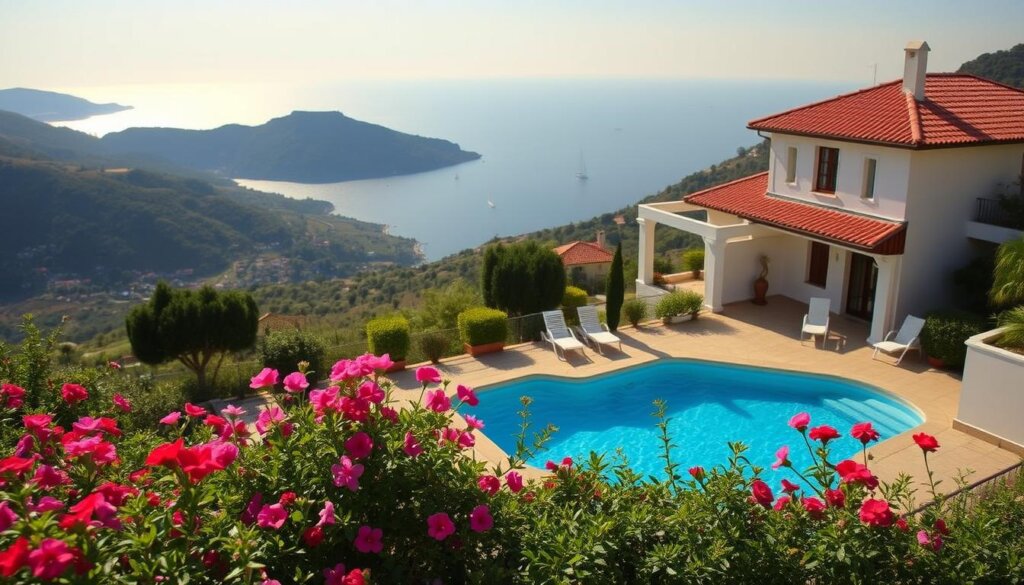 A picturesque villa nestled in the rolling hills of Kalkan, Turkey, its terracotta roof tiles and whitewashed walls reflecting the warm Mediterranean sun. In the foreground, a well-manicured garden bursting with fragrant flowers and lush greenery, while in the middle ground, a sparkling azure pool glimmers invitingly. The villa's balconies and terraces offer panoramic views of the sparkling Aegean Sea, the horizon dotted with sailboats and yachts. The scene conveys a sense of tranquility and luxury, hinting at the allure of foreign property ownership in this charming coastal town. Soft, diffused lighting casts a gentle glow over the scene, creating a serene and inviting atmosphere.