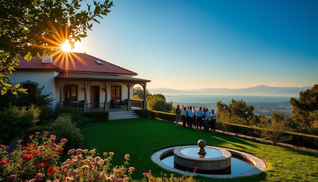A picturesque villa tucked away in a lush, Mediterranean landscape, surrounded by vibrant greenery and the warm glow of the setting sun. In the foreground, a well-manicured garden with fragrant flowers and a serene water feature, inviting guests to step inside and experience the tranquility. The villa's elegant architecture, with its terracotta roof tiles and whitewashed walls, is captured in sharp detail, conveying a sense of timeless sophistication. The middle ground showcases a team of attentive staff, dressed in crisp uniforms, tending to the villa's daily operations, ensuring a seamless and memorable stay for the residents. In the background, a panoramic view of the sparkling Aegean Sea and the distant, snow-capped mountains create a breathtaking backdrop, heightening the sense of exclusivity and luxury. The overall atmosphere is one of refined comfort, where the perfect balance of nature, architecture, and service promises an unparalleled villa rental experience.