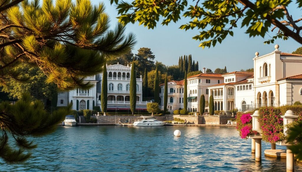 A picturesque vista of Bosphorus sea villas nestled along the lush, verdant coastline of Istanbul. The stately, whitewashed Mediterranean-style mansions stand tall, their elegant facades reflecting in the calm, azure waters. Intricately carved balconies and arched windows create an atmosphere of timeless sophistication. Verdant cypress trees and bougainvillea-draped terraces frame the scene, casting warm, golden shadows across the scene. A gentle breeze ruffles the surface of the Bosphorus, hinting at the serene, tranquil lifestyle of coastal living. Captured through a wide-angle lens, the image conveys a sense of grandeur and tranquility, perfectly embodying the essence of Bosphorus living.