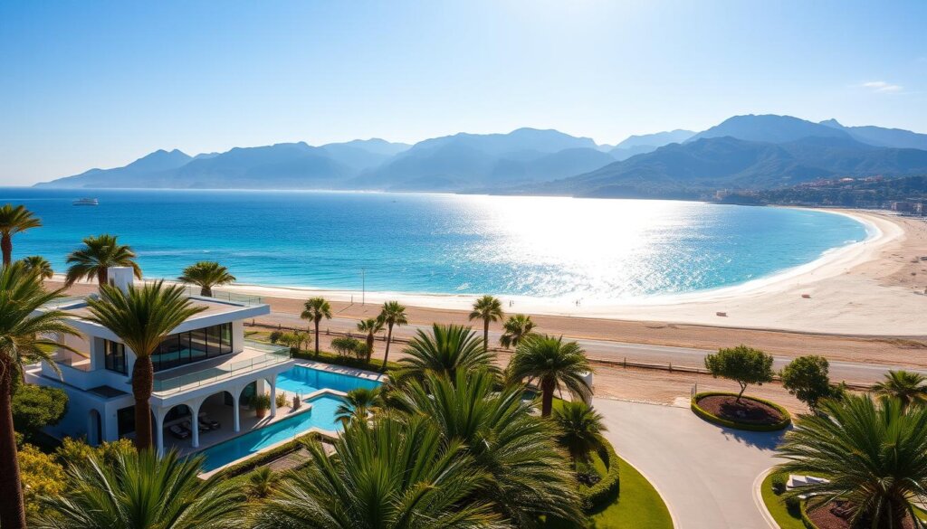 A pristine beachfront property in Antalya, Turkey, basking in the warm Mediterranean sunlight. The foreground features a luxurious, modern villa with clean lines and large windows overlooking the glistening azure waters. Lush, palm-fringed gardens surround the residence, creating a tranquil, tropical ambiance. In the middle ground, a private sandy beach stretches out, inviting visitors to stroll along the water's edge. In the distance, the rugged Taurus Mountains rise majestically, their peaks capped with a dusting of snow. The scene is captured through a wide-angle lens, emphasizing the breathtaking vistas and the property's seamless integration with the stunning natural landscape.