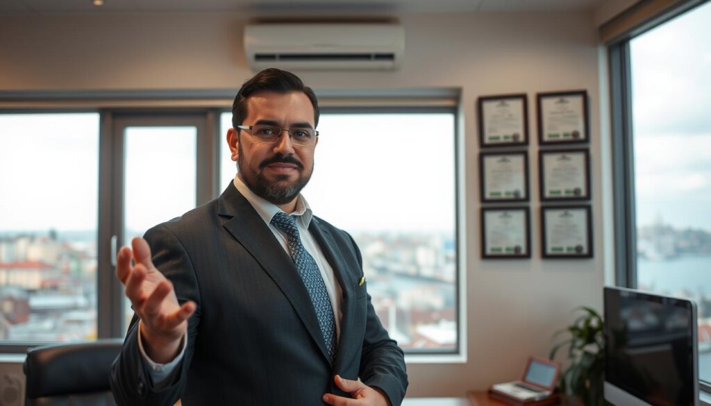 A professional Turkish real estate agent, Aydın Çakır, stands confidently in his office, gesturing with an air of expertise. The warm lighting accentuates his tailored suit and creates a sense of trustworthiness. Behind him, a large window overlooks the vibrant city of Istanbul, hinting at the valuable local knowledge he can provide. The framed certificates on the wall showcase his credentials, instilling a feeling of competence and reliability. The scene conveys Aydın's ability to guide clients through the complexities of the Turkish property market, offering personalized support and guidance to ensure a successful sale.