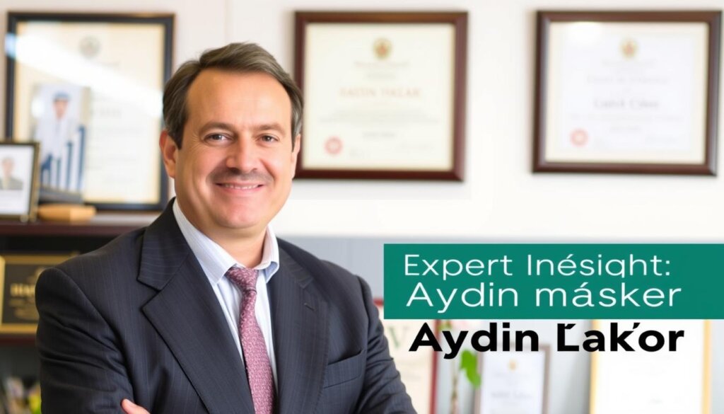 A professional, middle-aged man with a warm, friendly demeanor stands in a well-appointed office, surrounded by framed certificates and awards. He wears a tailored suit and confident expression, exuding expertise and trustworthiness. The lighting is soft and natural, accentuating his features. The background is blurred, placing the focus on the subject, Aydın Çakır, a real estate expert. The overall mood is one of authority, credibility, and approachability, befitting the section title "Expert Insights by Aydın Çakır".