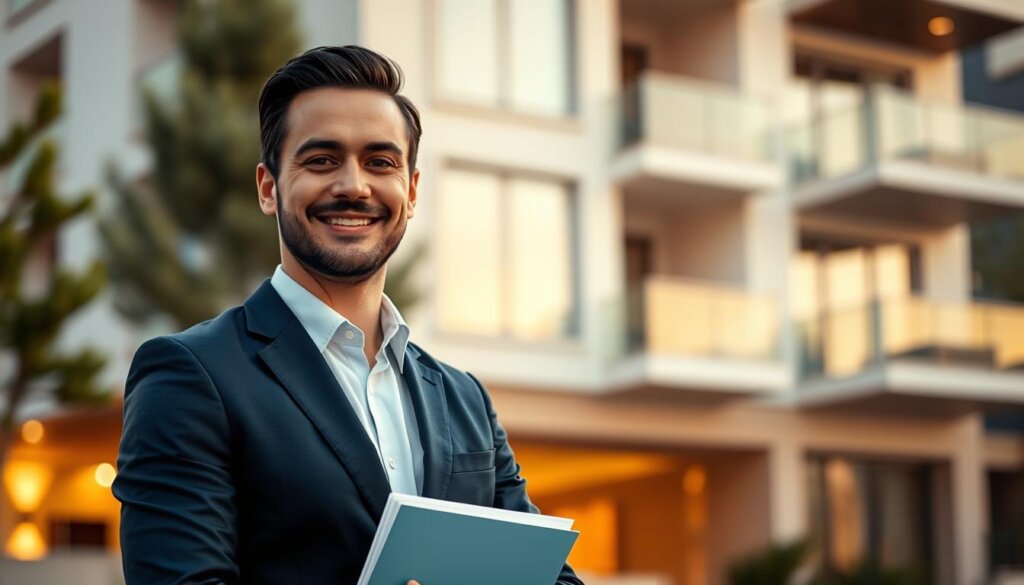 A professional real estate agent in Fethiye, Turkey, standing in front of a high-end apartment building, with a friendly, welcoming expression. The agent is dressed in a sharp business suit, holding a property listing folder. The building in the background is modern, with clean lines and large windows. Soft, warm lighting illuminates the scene, creating a sense of professionalism and trustworthiness. The overall atmosphere conveys the expertise and reliability of local real estate services in Fethiye, ready to assist prospective buyers.
