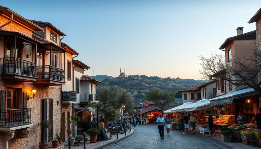 A quaint Turkish village, with traditional stone and plaster buildings lining the cobblestone streets. In the foreground, a row of charming apartments with wrought-iron balconies and potted plants, their windows glowing warmly in the soft afternoon light. In the middle ground, a bustling outdoor market, with vendors hawking fresh produce and handcrafted wares. In the background, rolling hills dotted with olive trees and the silhouette of a distant mosque's minaret against a clear, azure sky. The scene is bathed in a warm, golden glow, conveying a sense of comfort and tranquility.