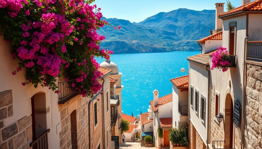 A quaint, picturesque scene of Kalkan's old town architecture, bathed in the warm glow of the Mediterranean sun. In the foreground, narrow cobblestone streets wind between whitewashed stone buildings with red-tiled roofs, adorned with colorful bougainvillea cascading from balconies. In the middle ground, domed mosques and church steeples punctuate the skyline, hinting at the town's rich cultural heritage. In the background, the sparkling azure waters of the Aegean Sea stretch out, with rugged mountains rising in the distance. The scene exudes a timeless, tranquil atmosphere, capturing the historical and cultural charm of Kalkan.