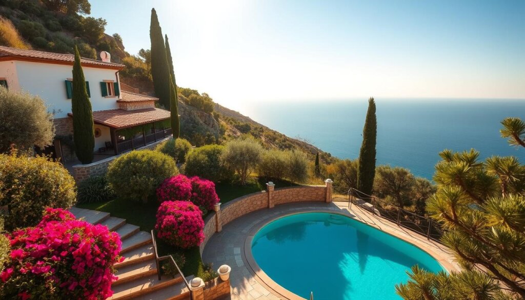 A scenic Mediterranean coastal villa nestled against a rugged hillside, surrounded by lush olive groves and cypress trees. Warm, golden sunlight filters through the windows, casting a soft glow across the terracotta tiles and whitewashed walls. In the foreground, a well-manicured garden with vibrant bougainvillea cascades down terraced stone pathways. The middle ground features a tranquil, azure pool reflecting the cloudless sky. In the distance, the sparkling Aegean Sea meets the horizon, hinting at the allure of seaside living. This harmonious interplay of natural elements and architectural charm captures the essence of the Mediterranean real estate market and its enduring appeal to discerning investors.
