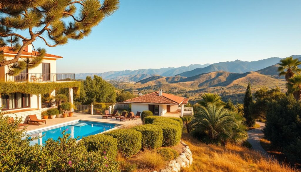 A scenic landscape showcasing the contrasting worlds of short-term and long-term rentals in Fethiye. In the foreground, a vibrant and lively holiday rental property, adorned with sun-drenched terraces, swimming pool, and lush Mediterranean vegetation. In the middle ground, a more subdued and tranquil long-term rental home, its simple elegance blending seamlessly with the rolling hills and distant mountains. The lighting is warm and golden, creating a serene atmosphere that captures the essence of Fethiye's diverse rental market. The image is composed with a wide-angle lens, emphasizing the harmony between the two rental experiences within the stunning natural setting.