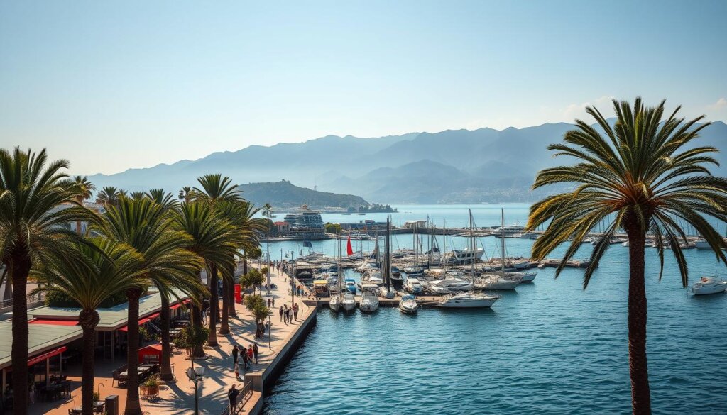 A scenic vista of Mersin's prime coastal locations, captured under a warm Mediterranean sun. In the foreground, a bustling promenade lined with palm trees and elegant seaside cafes. The middle ground reveals picturesque harbors dotted with sailboats and fishing vessels. In the distance, the silhouettes of the Taurus Mountains rise majestically, their slopes covered in lush greenery. The image radiates an atmosphere of tranquility and sophisticated coastal living, inviting the viewer to imagine strolling along the vibrant waterfront or discovering hidden architectural gems in Mersin's historic neighborhoods.