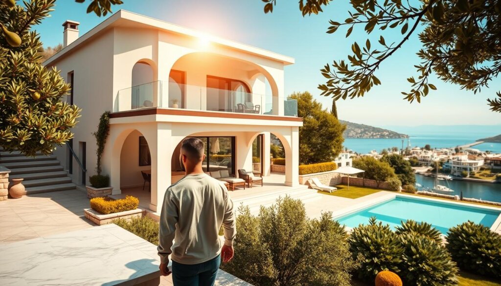 A secure property purchase in Kalkan, Turkey: A modern two-story villa with a Mediterranean aesthetic, nestled among lush olive groves and overlooking the turquoise waters of the Aegean Sea. Warm, golden sunlight filters through the arched windows, illuminating the meticulously designed interior with its clean lines, marble countertops, and warm wood accents. In the foreground, a prospective buyer inspects the property, contemplating its potential as a sound investment and a tranquil getaway. The mid-ground showcases the villa's well-manicured garden, complete with a private pool and a terrace for entertaining. The background frames the picturesque seaside town, with its whitewashed buildings and bustling harbor, hinting at the vibrant local culture and amenities that await the new owner.