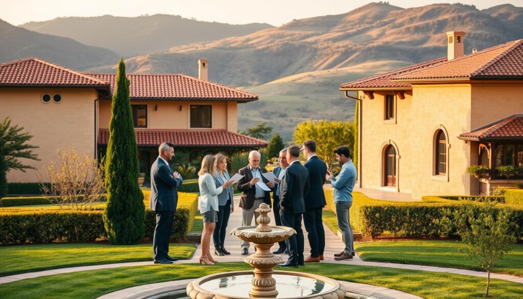 A serene Turkish villa set against a backdrop of lush, rolling hills, with a meticulously maintained garden and a small, ornate fountain in the foreground. The building features classic Mediterranean architecture, with warm-toned stone walls, terracotta tiles, and intricate arched windows. The scene is bathed in a soft, golden light, creating a sense of tranquility and timelessness. In the middle ground, a group of people are engaged in a discussion, gesturing to various documents and plans, conveying the notion of property due diligence. The overall atmosphere evokes a sense of careful consideration and attention to detail, perfectly aligning with the "Tips for Avoiding Common Pitfalls" section of the article.