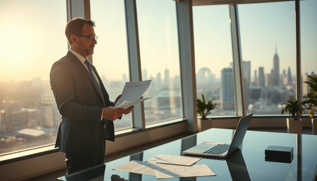 A serene and modern office setting, filled with sunlight streaming through large windows. In the foreground, a professional-looking businessman stands, reviewing documents related to VAT exemptions for foreign buyers. The middle ground features a sleek glass desk with a laptop and various paperwork, conveying a sense of efficiency and legality. The background showcases an urban skyline, hinting at the international context of the scene. The lighting is soft and natural, creating a warm and inviting atmosphere. The composition is balanced, with the focal point being the businessman and the surrounding elements complementing the overall theme.
