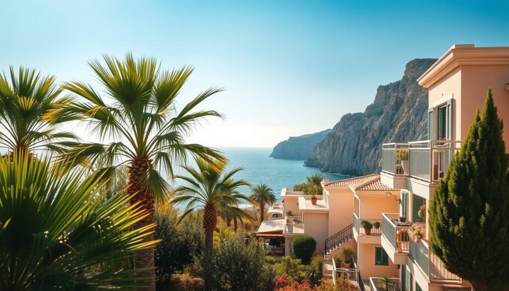 A serene coastal town nestled along the Turquoise Coast, Kas boasts a thriving real estate market with excellent investment opportunities. The prompt depicts a row of well-maintained apartment buildings overlooking the sparkling Mediterranean Sea. The foreground showcases a lush, verdant garden with palm trees swaying gently in the warm, sun-dappled breeze. The middle ground features the charming, pastel-hued buildings, their balconies adorned with potted plants and lounge chairs, hinting at the potential for lucrative vacation rentals. In the background, the iconic cliffs of Kas rise majestically, framing the scene with their dramatic, rugged beauty. Soft, golden light bathes the entire composition, creating an atmosphere of tranquility and prosperity, perfectly capturing the investment potential and rental income opportunities in this picturesque Turkish destination.