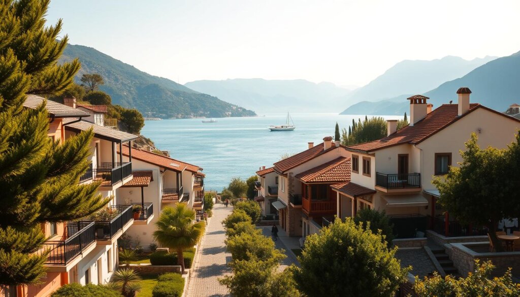 A serene coastal village in Kalkan, Turkey, with traditional Mediterranean-style apartments nestled among lush greenery. The foreground showcases a selection of well-appointed apartments with balconies offering breathtaking views of the crystal-clear Aegean Sea. The middle ground features quaint cobblestone streets lined with charming cafes and shops, while the background boasts the majestic Taurus Mountains. Warm, golden sunlight bathes the scene, creating a peaceful and inviting atmosphere. The image conveys the allure of Kalkan's property investment options, highlighting the blend of modern comforts and timeless Mediterranean ambiance that make it an attractive destination for savvy investors.
