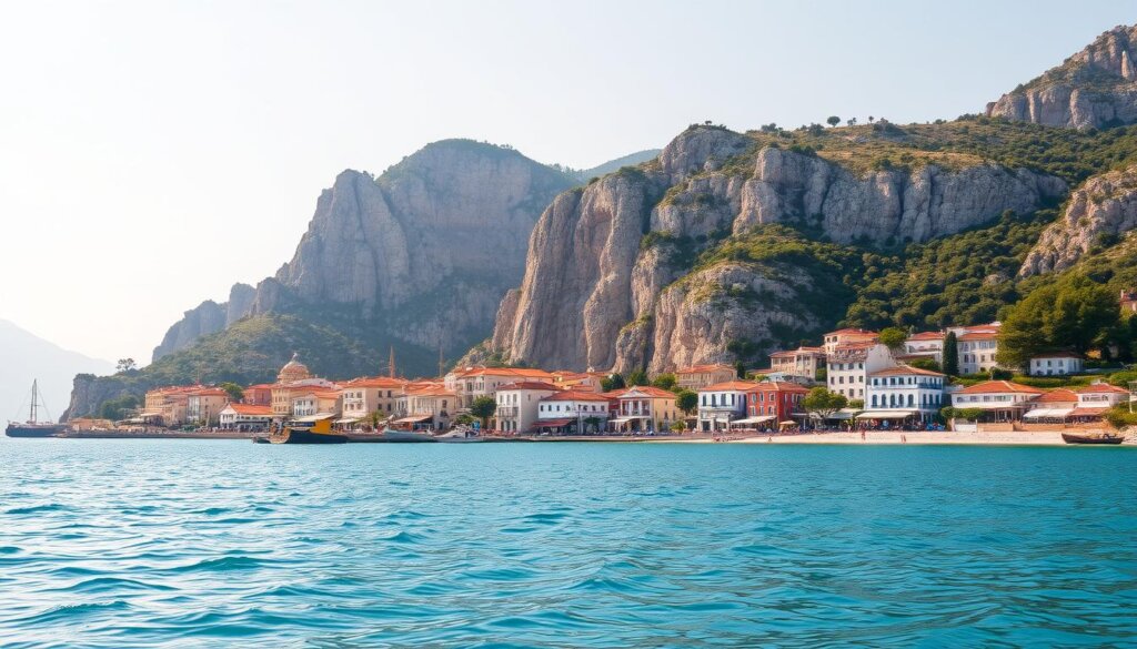 A serene coastline stretches out, dotted with charming towns nestled among the turquoise waters of the Aegean. In the foreground, sun-dappled beaches invite visitors to explore the area's natural beauty. Whitewashed buildings with terracotta roofs line the shore, their vibrant colors reflected in the calm, glistening sea. Towering cliffs rise up in the middle ground, their rugged edges softened by the lush, verdant foliage cascading down. In the distance, a hazy mountain range frames the scene, its peaks bathed in warm, golden light. The overall atmosphere is one of tranquility and timeless Mediterranean charm, capturing the essence of these Turkish coastal gems.