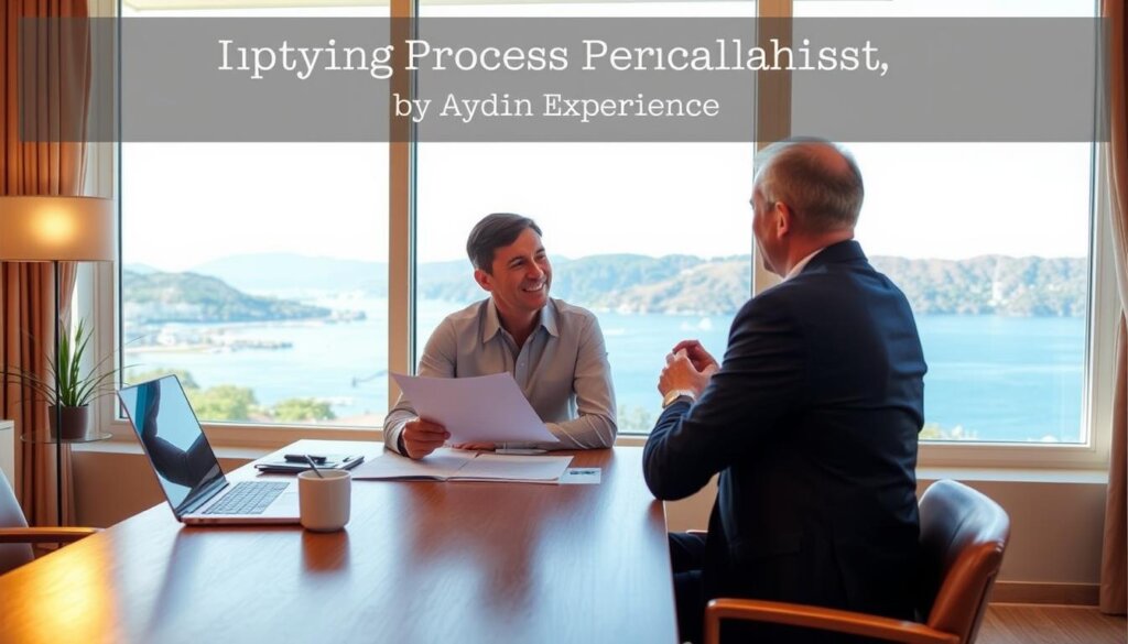 A serene office setting with a professional real estate agent sitting at a wooden desk, reviewing documents with a prospective client. Warm lighting illuminates the scene, creating a welcoming atmosphere. On the desk, a laptop, a pen, and a cup of coffee suggest an active and productive interaction. The background features a large window overlooking the stunning landscapes of Fethiye, Turkey, with its iconic blue waters and rolling hills in the distance. The agent's attentive expression and the client's engaged posture convey a personalized service experience, reflecting the section title "The Buying Process and Personalised Service by Aydın Çakır".